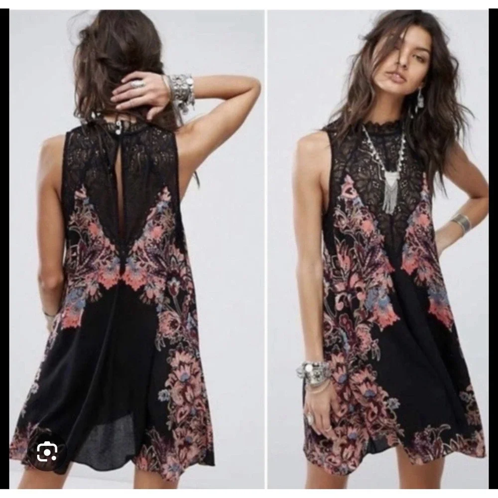 Free People Marsha Print Slip Dress Black High Neck Mini Lace And Keyhole Back L - Picture 2 of 16